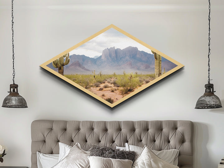 Desert Mountain Cactus View Diamond Shaped Canvas Textured Print southwestern desert landscape wall art rustic home decor gift