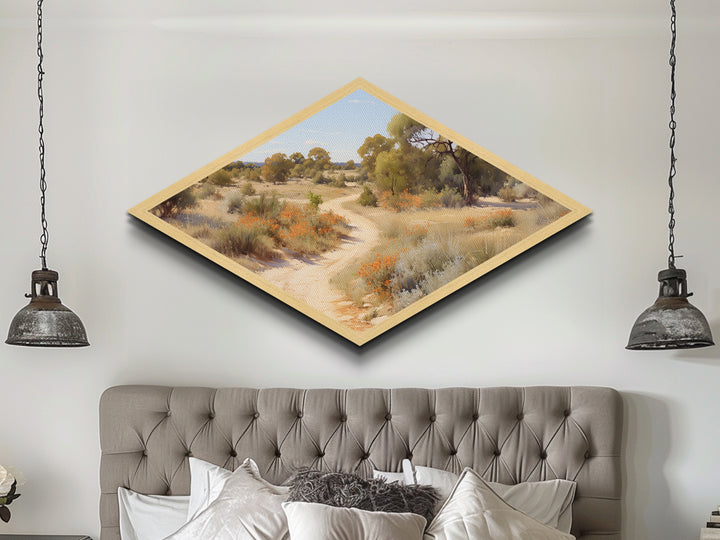 Desert Blossom Trail Diamond Shaped Canvas Embossed Print natural warm toned arid path art soft toned countryside landscape decor