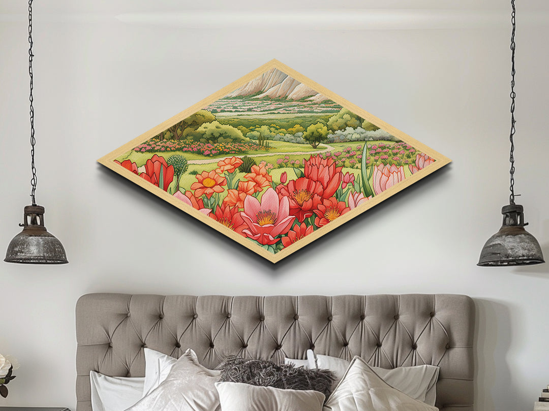 Wildflower Valley Bloom Diamond Shaped Canvas Art Print spring floral landscape pastel desert nature illustration cheerful artwork