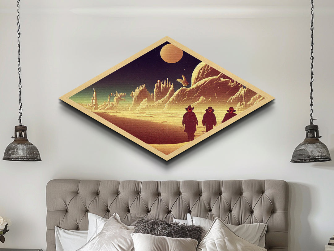 Surreal Desert Travelers Diamond Shaped Canvas Art Print sci-fi western moonscape fantasy terrain illustration cowboy outer space