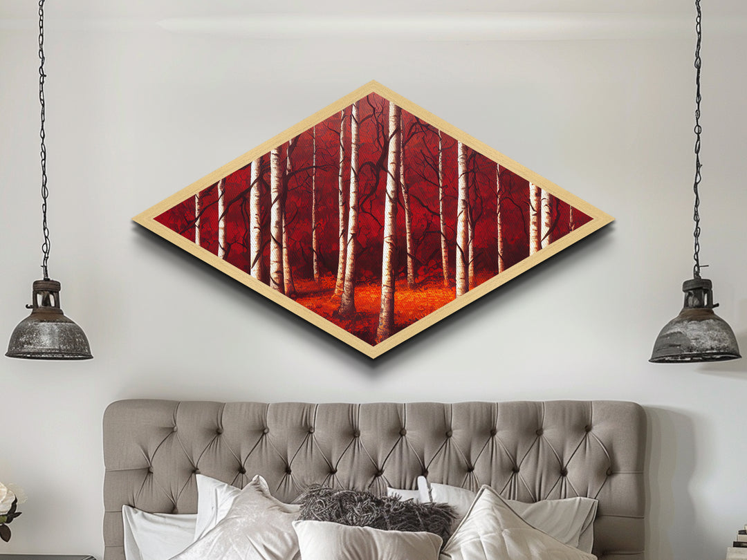 Crimson Birch Serenity Diamond Shaped Canvas Textured Print woodland red forest wall art nature painting rustic decor autumn tree scene