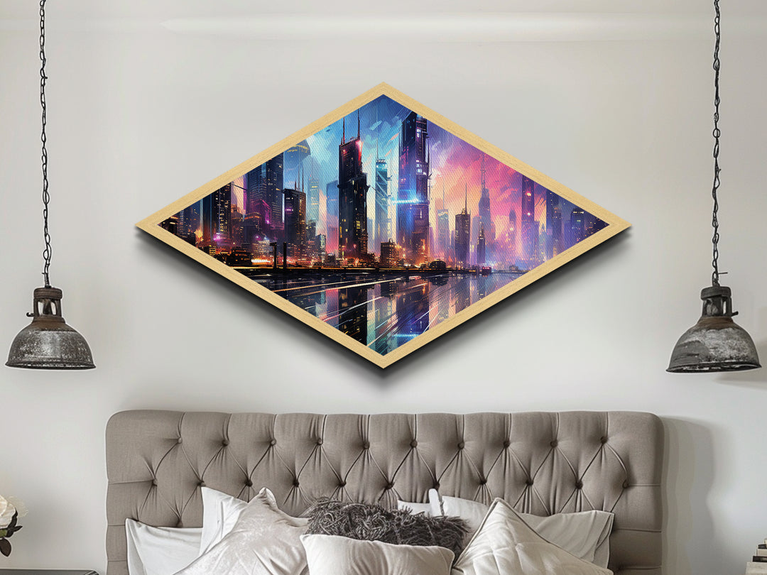 Neon Skyline Dreams Diamond Shaped Canvas Textured Print futuristic cyberpunk cityscape urban skyline glowing night downtown wall art