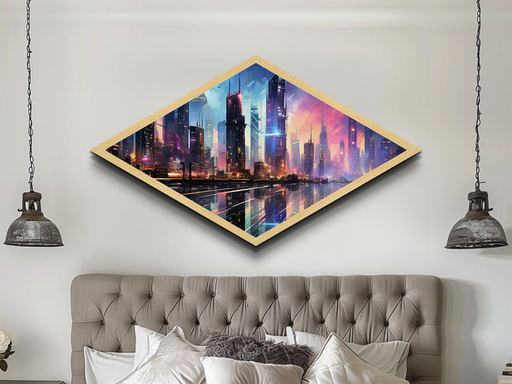 Neon Skyline Dreams Diamond Shaped Canvas Textured Print futuristic cyberpunk cityscape urban skyline glowing night downtown wall art