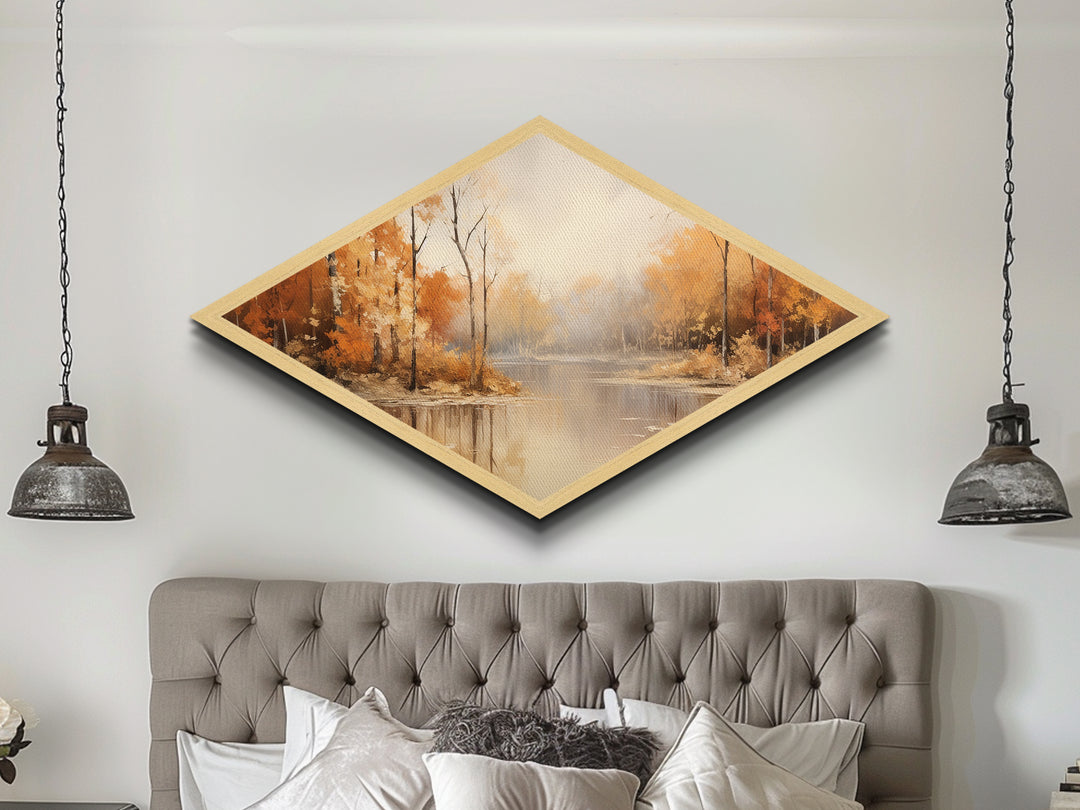 Autumn River Mist Diamond Shaped Canvas Textured Print fall foliage forest lake reflection tranquil landscape nature orange wall decor