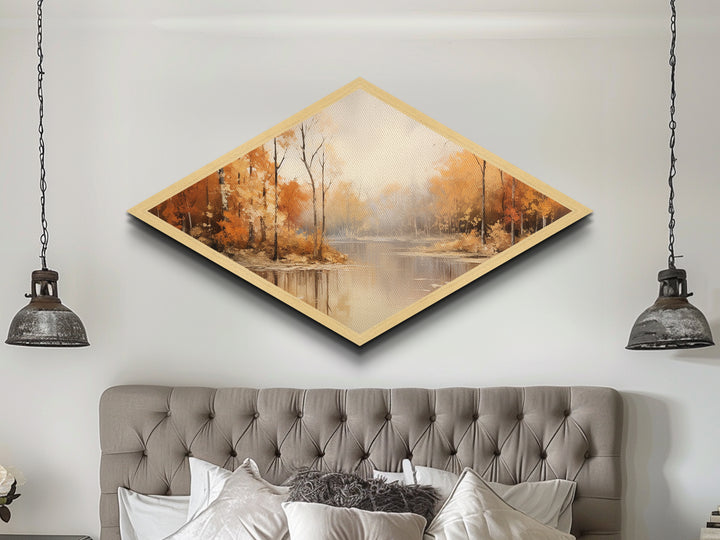 Autumn River Mist Diamond Shaped Canvas Textured Print fall foliage forest lake reflection tranquil landscape nature orange wall decor