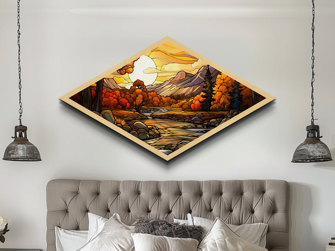 Diamond Shaped Autumn Gold Forest Canvas Textured Print Fall Leaves Landscape Misty Woodland Home Wall Decor Seasonal Nature Scene