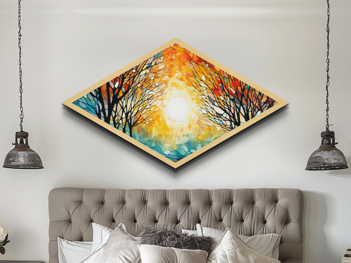 Diamond Shaped Sunset Tree Light Canvas Embossed Print Autumn Forest Stained Glass Style Landscape Wall Art Golden Hour Illumination