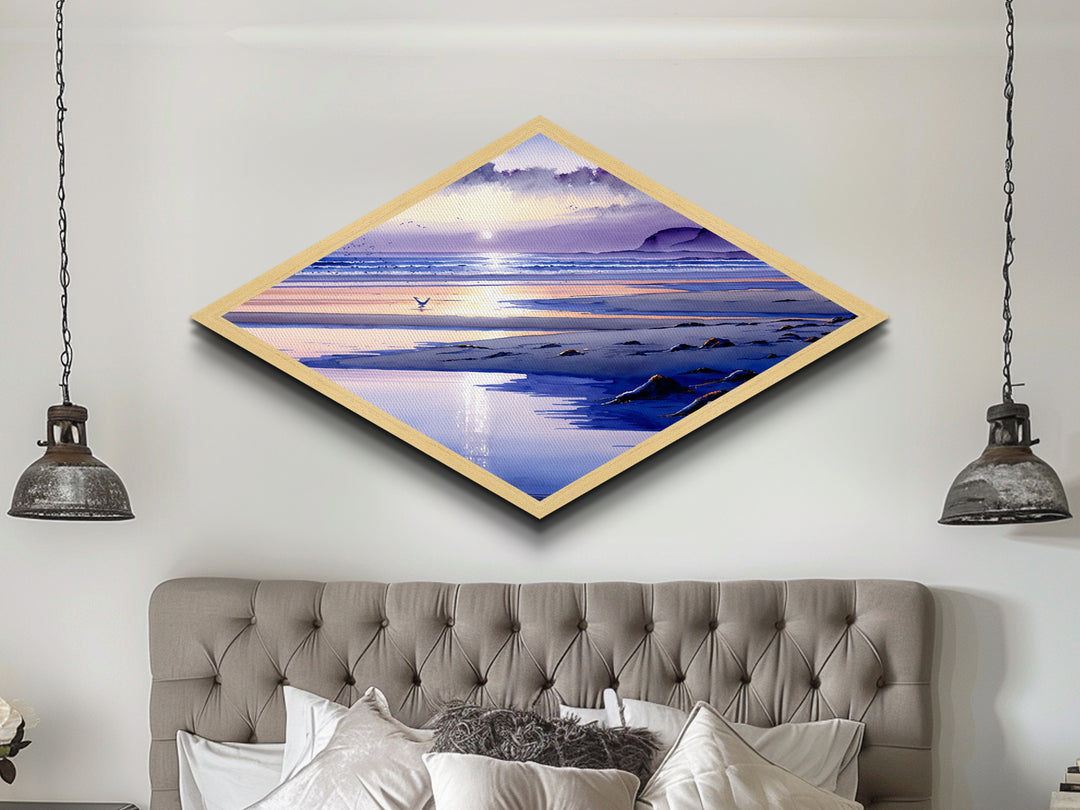 Pastel Coast Horizon – Diamond Shaped Tranquil Beach Scene, Serene Seaside Canvas Textured Print, Watercolor Ocean Wall Art