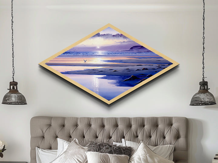 Pastel Coast Horizon – Diamond Shaped Tranquil Beach Scene, Serene Seaside Canvas Textured Print, Watercolor Ocean Wall Art