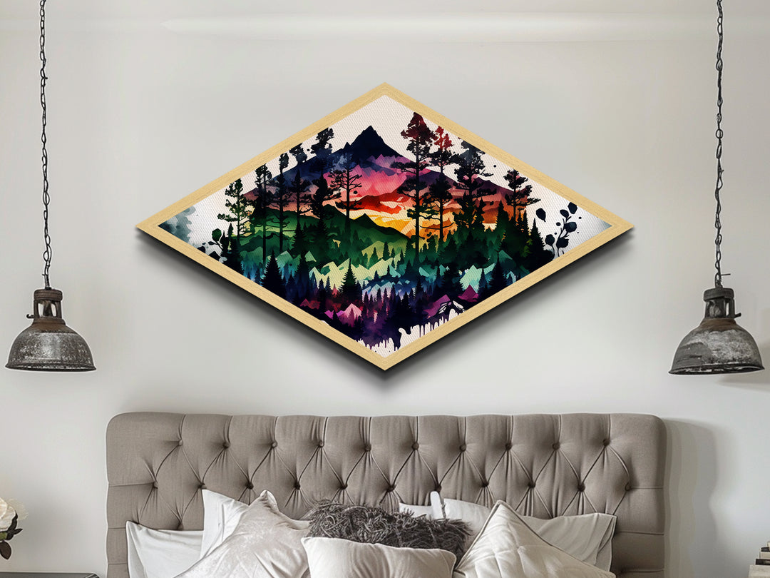 Vibrant Forest Silhouette – Diamond Shaped Mountain Sunset Canvas Textured Print, Abstract Nature Landscape Wall Art
