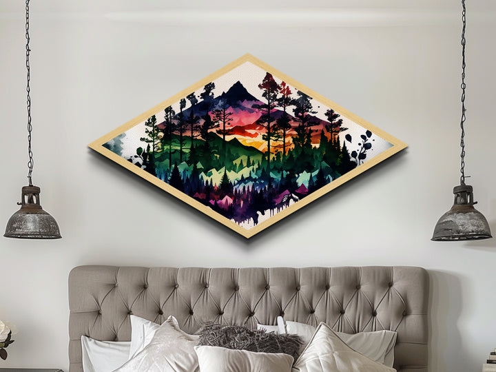 Vibrant Forest Silhouette – Diamond Shaped Mountain Sunset Canvas Textured Print, Abstract Nature Landscape Wall Art