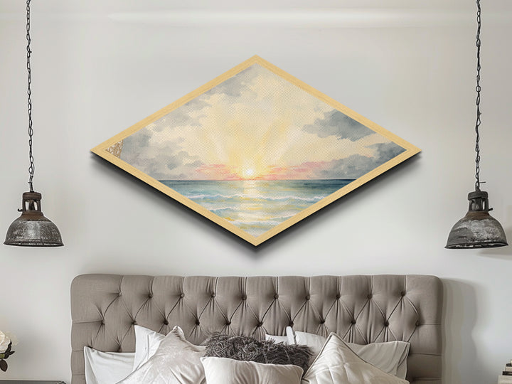 Serene Ocean Light – Diamond Shaped Pastel Seascape Canvas Textured Print, Soothing Sky and Waves Wall Decor Piece
