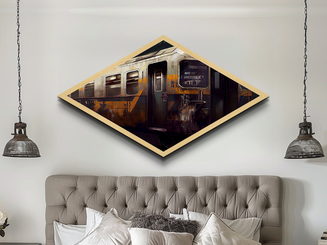 Rusted Transit Car – Diamond Shaped Urban Grunge Train Canvas Art Print, Industrial Railway Wall Decor in Retro Palette