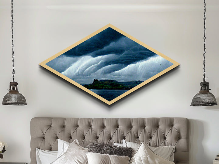 Storm Over Castle Diamond Shaped Dramatic Sky Canvas Art Print Thunderclouds Over Water Moody Landscape Gothic Fantasy Wall Decor