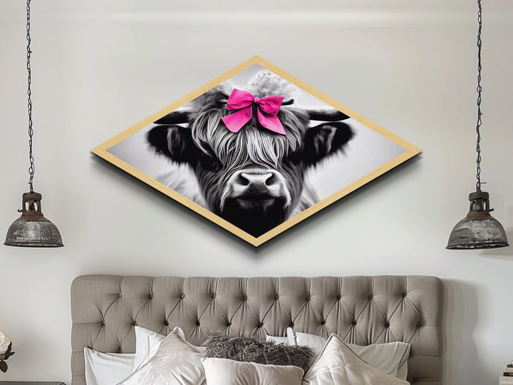 Diamond Shaped Highland Cow — Black and White Animal Portrait Canvas Textured Print, Farmhouse Decor, Pink Bow Nursery Art