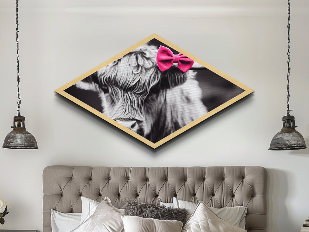 Diamond Shaped Cow Detail — Cute Highland Cow Wall Art Canvas Embossed Print, Rustic Farm Animal Decor, Pink Bow Aesthetic