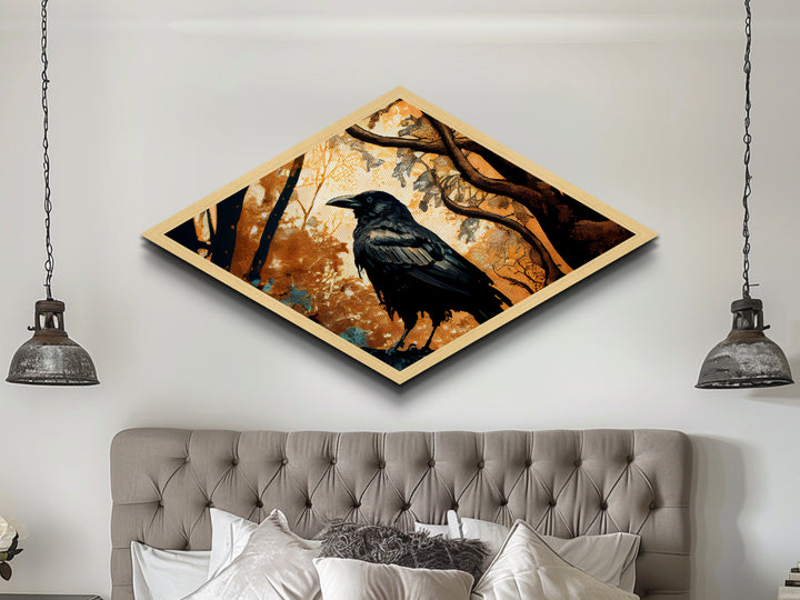 Diamond Shaped Autumn Raven — Dark Forest Bird Art Canvas Embossed Print, Gothic Nature Wall Decor, Mysterious Crow Theme
