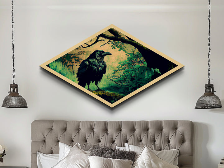 Diamond Shaped Forest Crow — Enchanted Woodland Raven Canvas Art Print, Mystical Bird Decor, Moody Nature Wall Hanging
