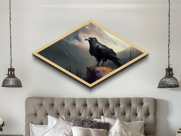 Diamond Shaped Mountain Raven — Dramatic Wilderness Bird Canvas Textured Print, Misty Cliff Landscape Wall Decor, Crow Art