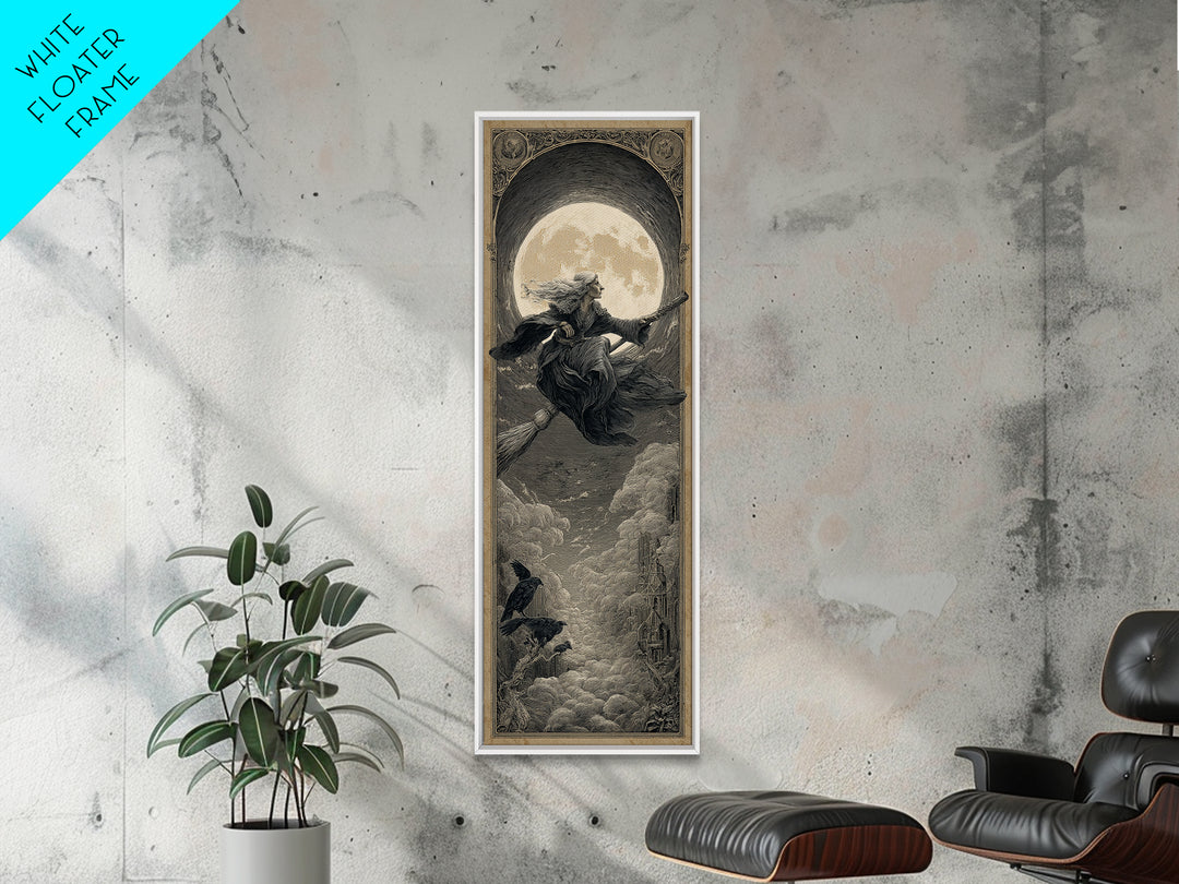 The Moonlit Witch, Gothic Engraving Art, Tall Narrow Wall Art, Dark Halloween Decor, Canvas Print, Halloween Wall Art