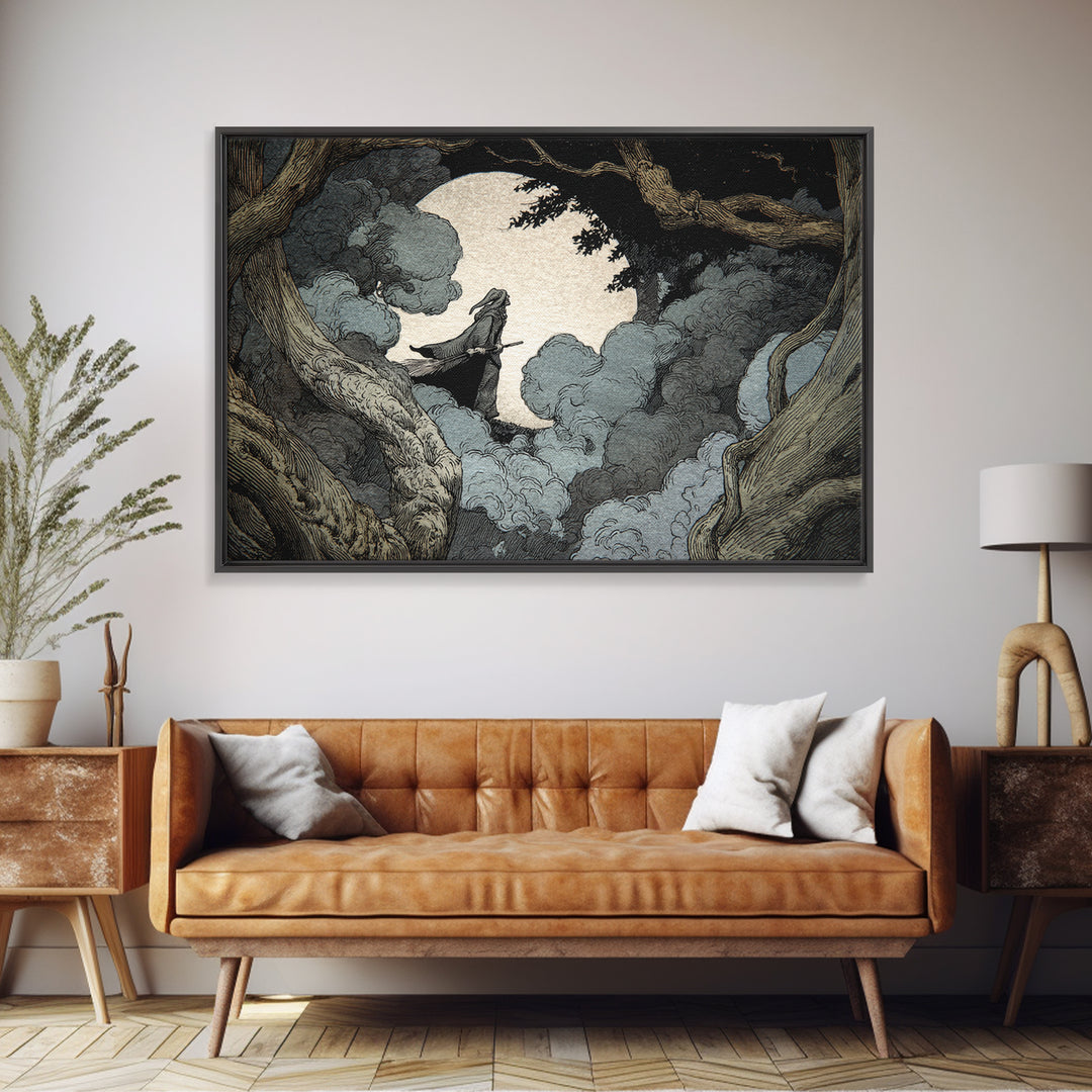 The Moonlit Witch, Gothic Storybook Art, Landscape Wall Art, Dark Halloween Decor, Canvas Print, Halloween Wall Art, Horror Wall Art