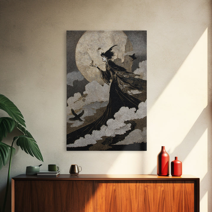 The Moonlit Witch, Stained Glass Gothic Art, Vertical Wall Art, Dark Fantasy Wall Art, Framed Canvas Print, Halloween Wall Art