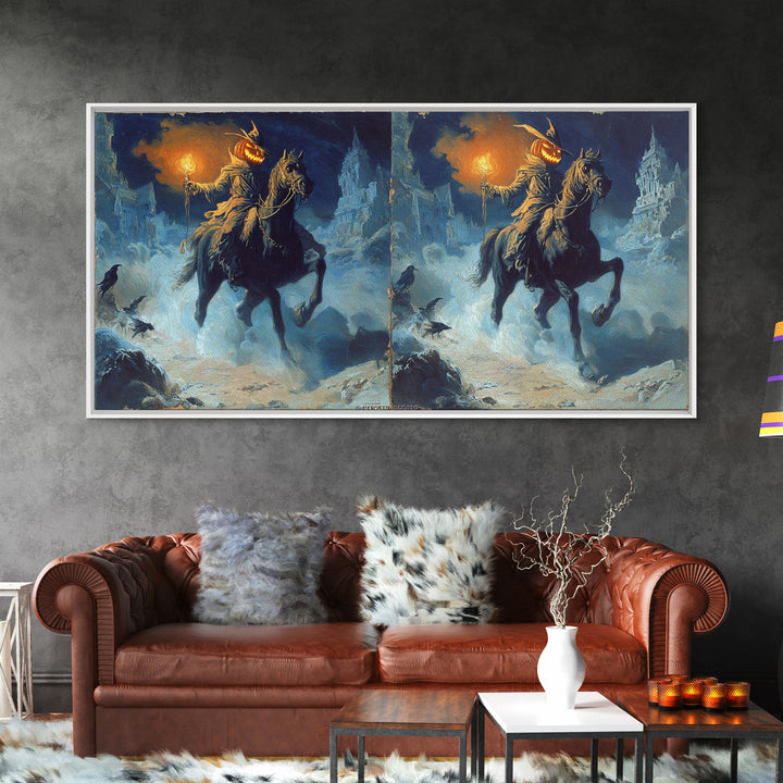 The Headless Horseman, Apocalyptic Romantic Art, Wide Panoramic Art, Gothic Horror Wall Art, Framed Canvas Print, Halloween Wall Art