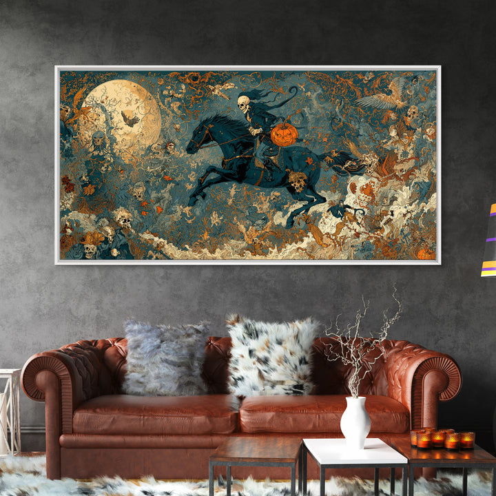 The Headless Horseman, Grotesque Carnival Art, Wide Panoramic Art, Dark Halloween Decor, Canvas Print, Halloween Wall Art