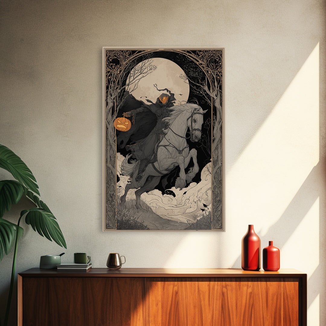 The Headless Horseman, Decadent Line Art, Vertical Wall Art, Gothic Horror Wall Art, Framed Canvas Print, Halloween Wall Art