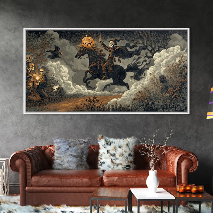 The Headless Horseman, Macabre Folk Print Art, Wide Panoramic Art, Gothic Horror Wall Art, Framed Canvas Print, Macabre Wall Art