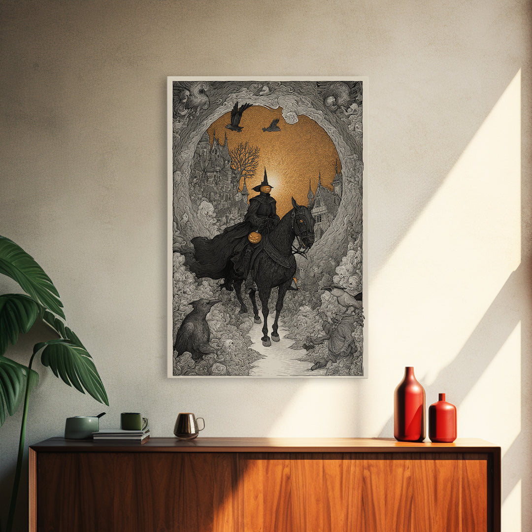 The Headless Horseman, Victorian Macabre Art, Vertical Wall Art, Dark Halloween Decor, Canvas Print, Halloween Wall Art