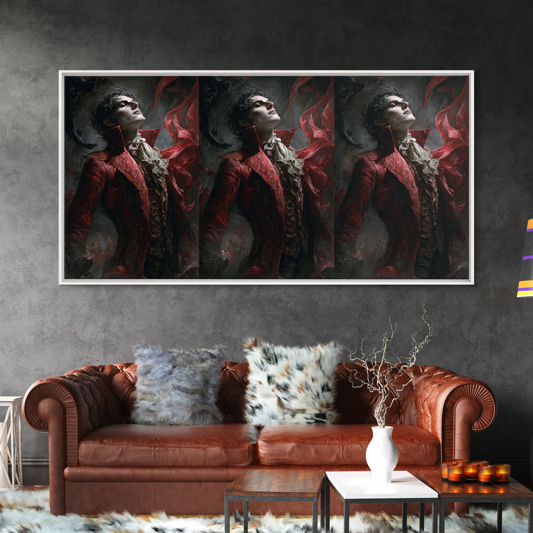 The Crimson Vampire, Apocalyptic Romantic Art, Wide Panoramic Art, Dark Halloween Decor, Framed Canvas Print, Halloween Wall Art