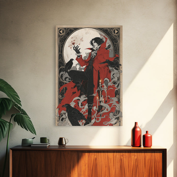 The Crimson Vampire, Decadent Line Art, Vertical Wall Art, Dark Fantasy Wall Art, Framed Canvas Print, Halloween Wall Art