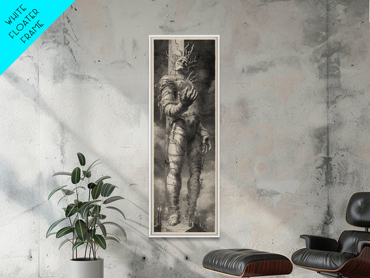 The Stitched Giant, Architectural Etching Art, Tall Narrow Wall Art, Dark Fantasy Wall Art, Framed Canvas Print