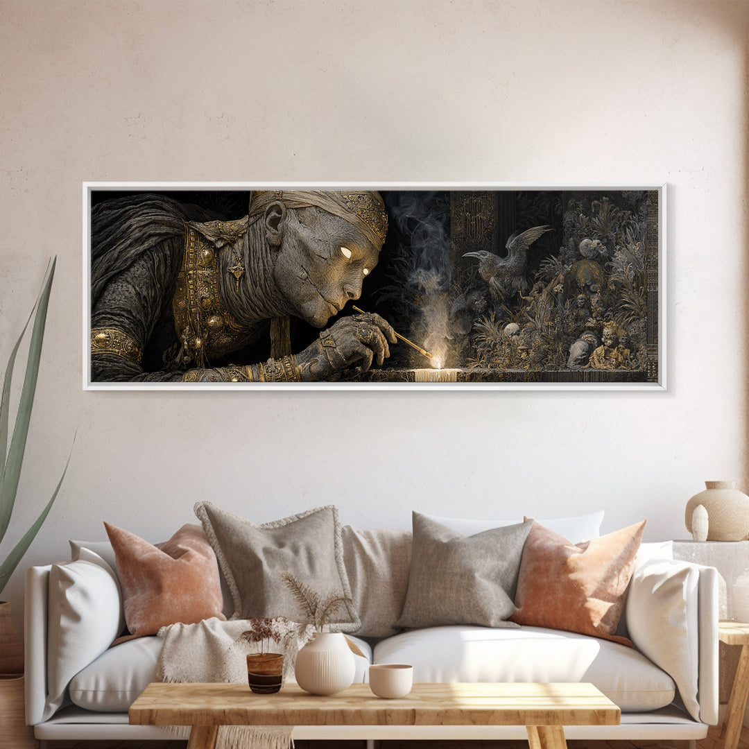 The Mummy Pharaoh, Medieval Grotesque Art, Extra Wide Wall Art, Dark Fantasy Wall Art, Canvas Print, Halloween Wall Art