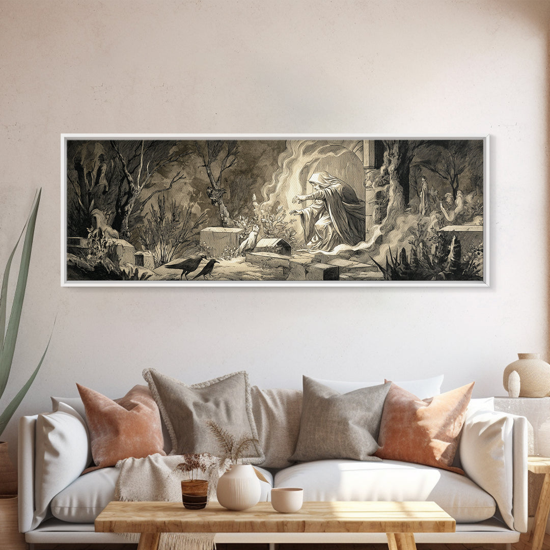 The Graveyard Ghost, Medieval Grotesque Art, Extra Wide Wall Art, Gothic Horror Wall Art, Canvas Print, Halloween Wall Art
