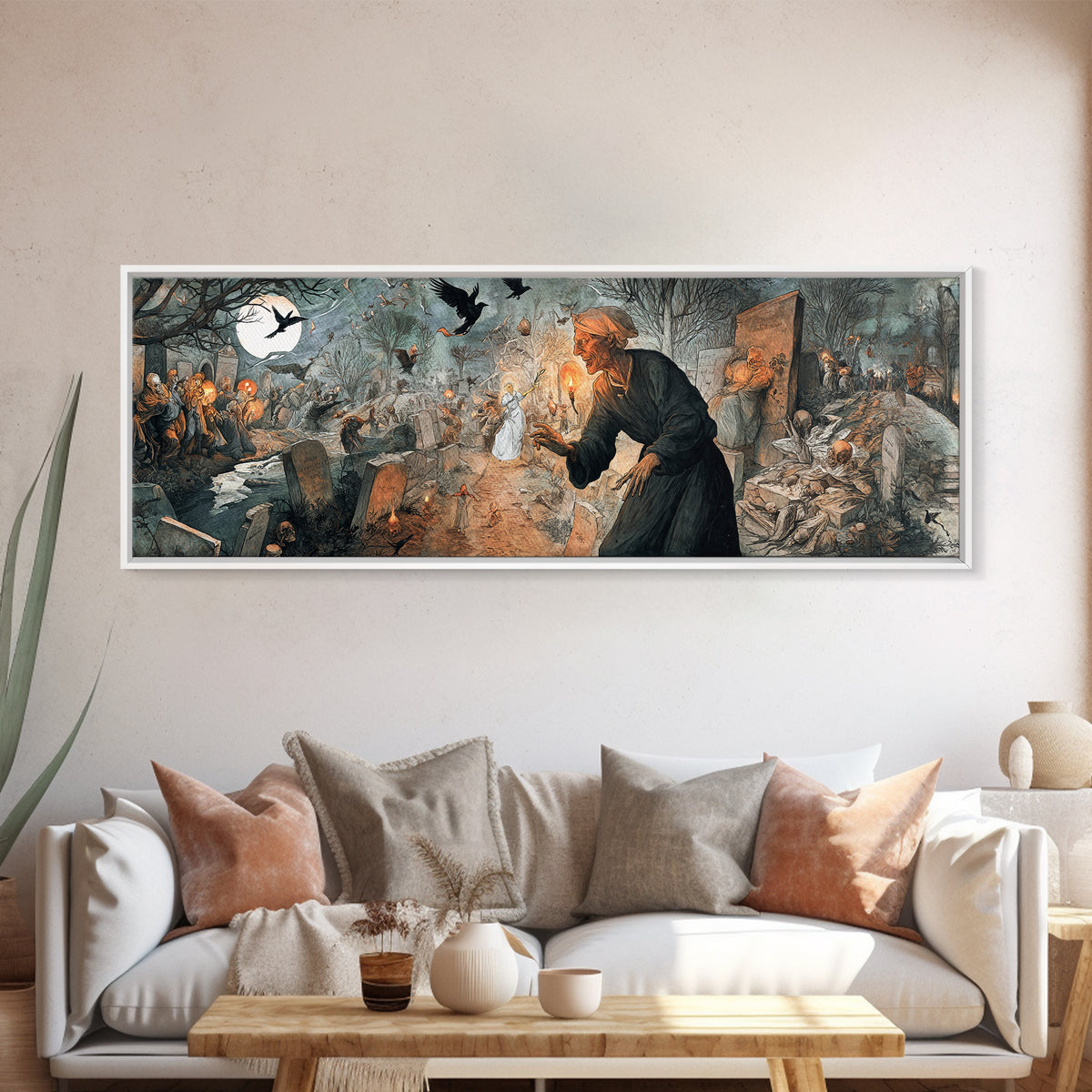 The Graveyard Ghost, Northern Renaissance Horror, Extra Wide Wall Art, Macabre Wall Art, Canvas Print, Halloween Wall Art