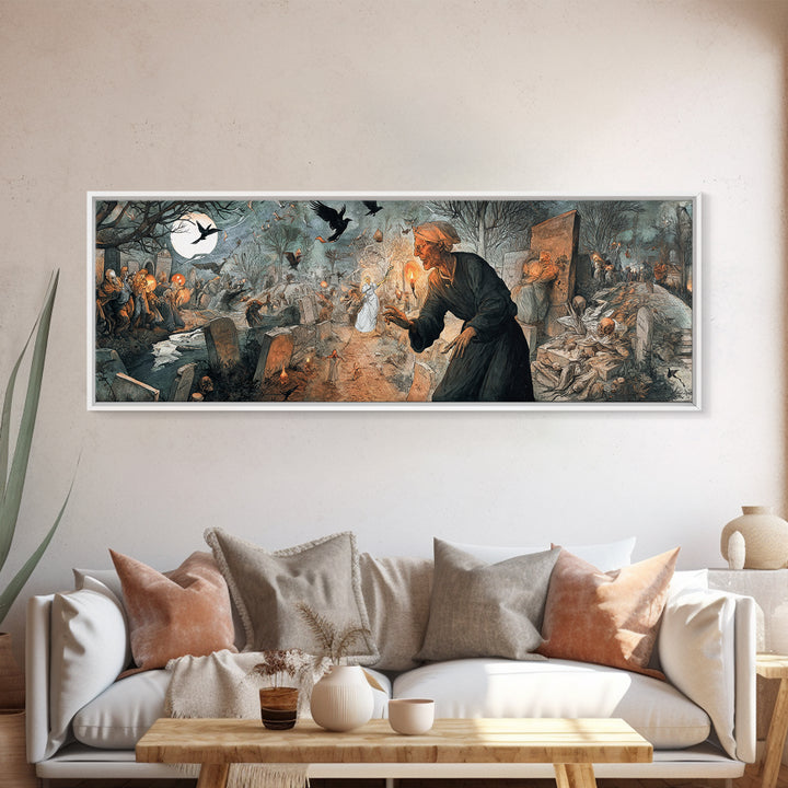 The Graveyard Ghost, Northern Renaissance Horror, Extra Wide Wall Art, Macabre Wall Art, Canvas Print, Halloween Wall Art