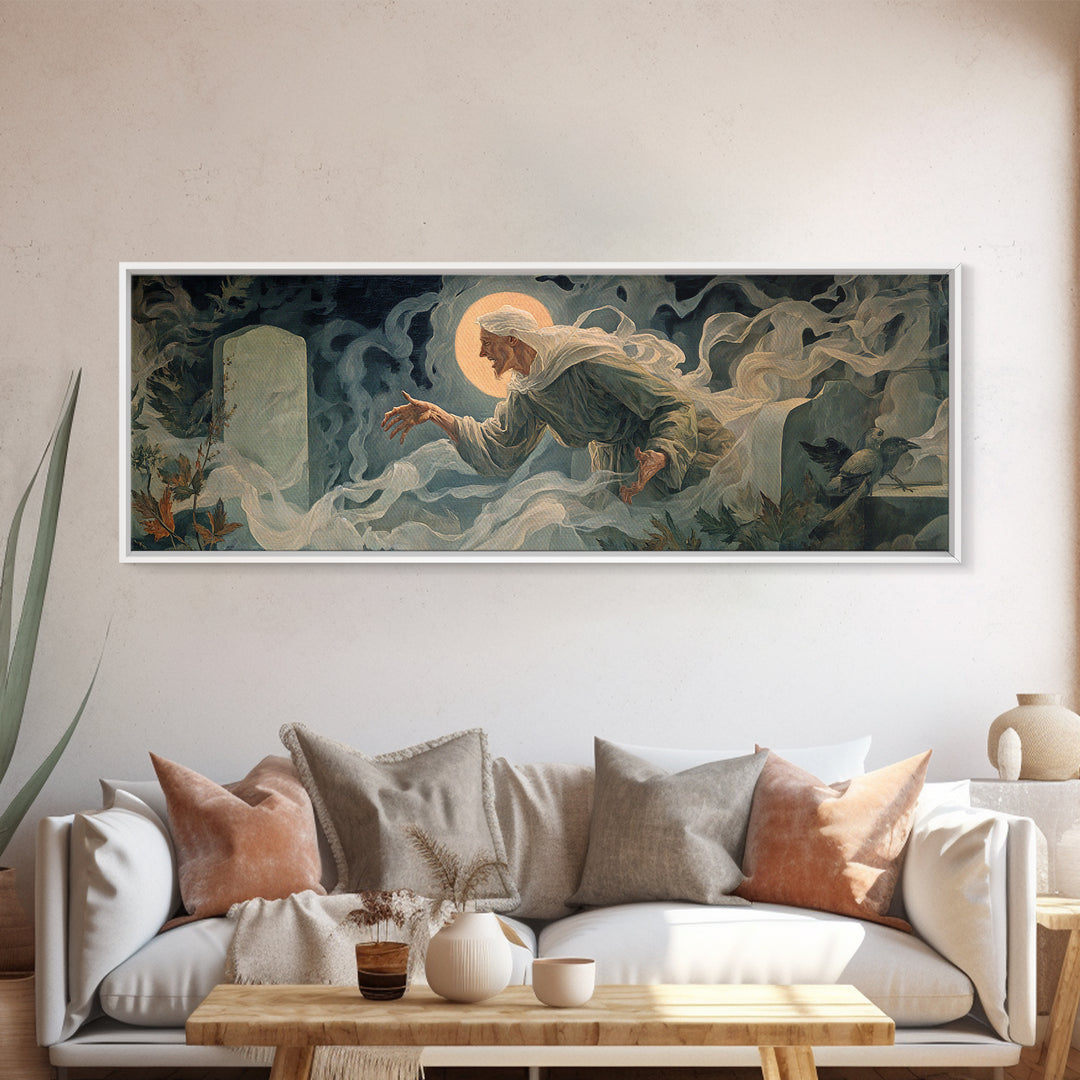 The Graveyard Ghost, Dark Renaissance Art, Extra Wide Wall Art, Dark Halloween Decor, Canvas Print, Halloween Wall Art