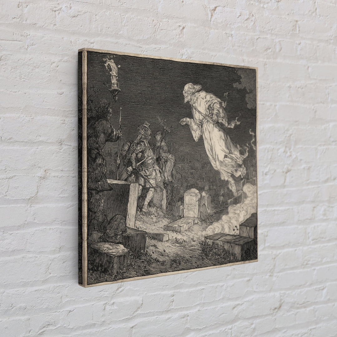 The Graveyard Ghost, Renaissance Engraving Art, Square Wall Art, Gothic Horror Wall Art, Canvas Print, Halloween Wall Art