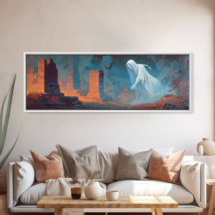 The Graveyard Ghost, Apocalyptic Romantic Art, Extra Wide Wall Art, Dark Halloween Decor, Canvas Print, Halloween Wall Art, Dark Fantasy Art