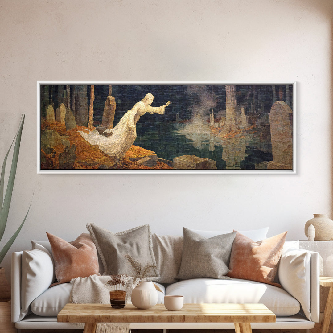 The Graveyard Ghost, Symbolist Gothic Landscape, Extra Wide Wall Art, Dark Fantasy Wall Art, Framed Canvas Print, Halloween Wall Art