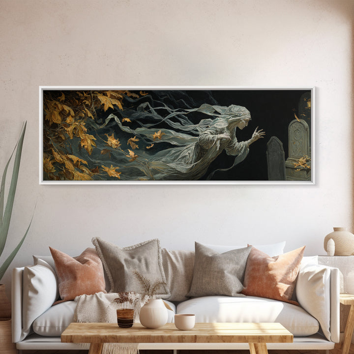 The Graveyard Ghost, Ornate Symbolist Art, Extra Wide Wall Art, Dark Fantasy Wall Art, Framed Canvas Print, Halloween Wall Art