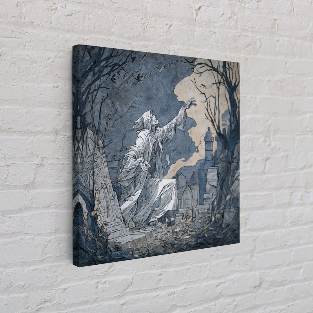The Graveyard Ghost, Symbolist Etching Art, Square Wall Art, Macabre Wall Art, Framed Canvas Print, Halloween Wall Art, Gothic Home Decor