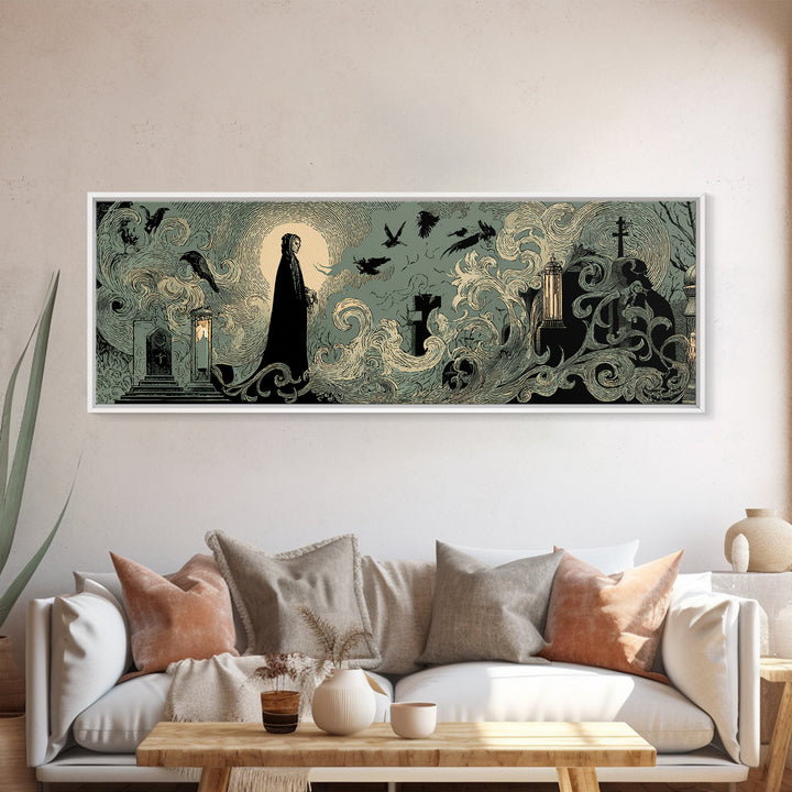 The Graveyard Ghost, Decadent Line Art, Extra Wide Wall Art, Dark Fantasy Wall Art, Framed Canvas Print, Halloween Wall Art