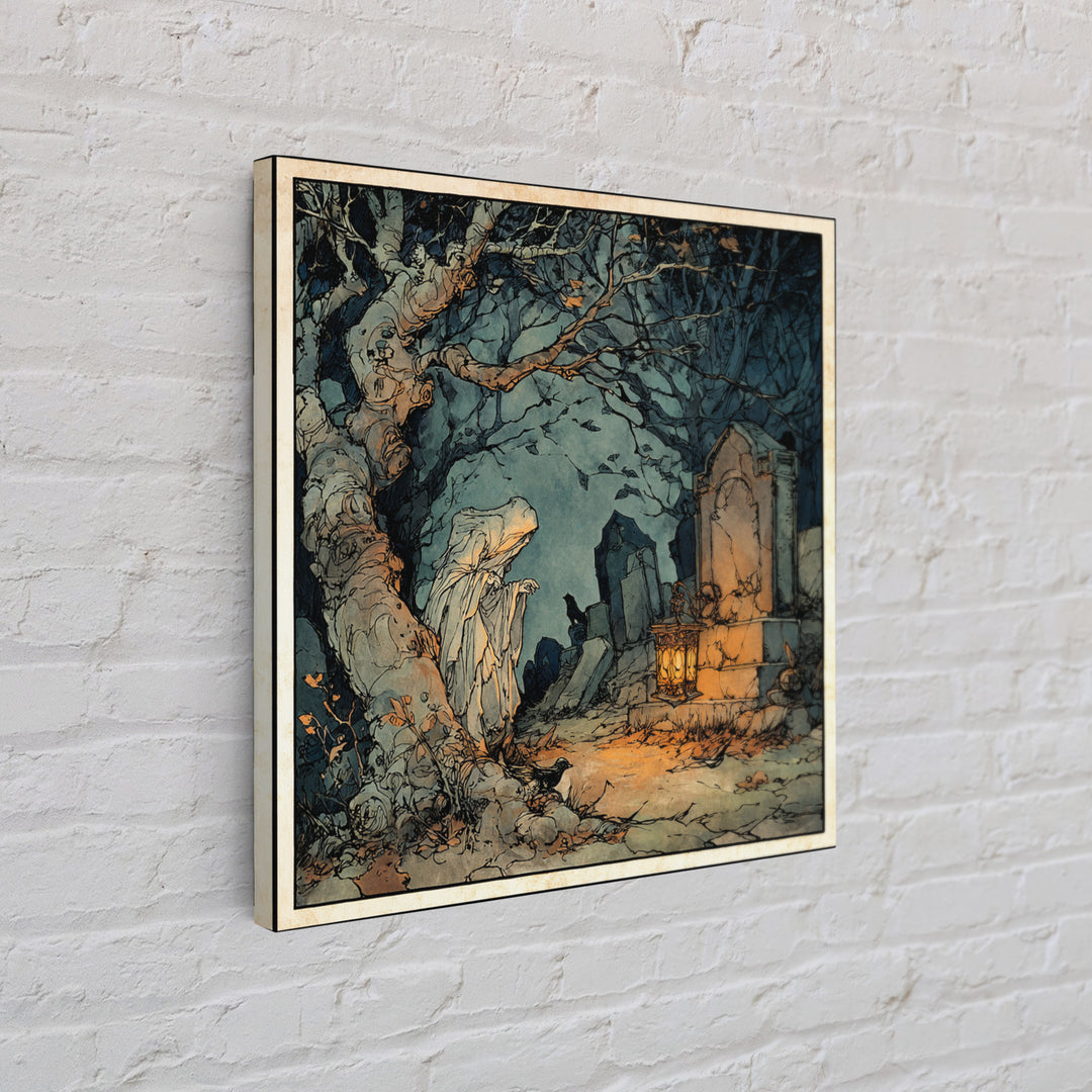 The Graveyard Ghost, Gothic Storybook Art, Square Wall Art, Dark Fantasy Wall Art, Canvas Print, Halloween Wall Art