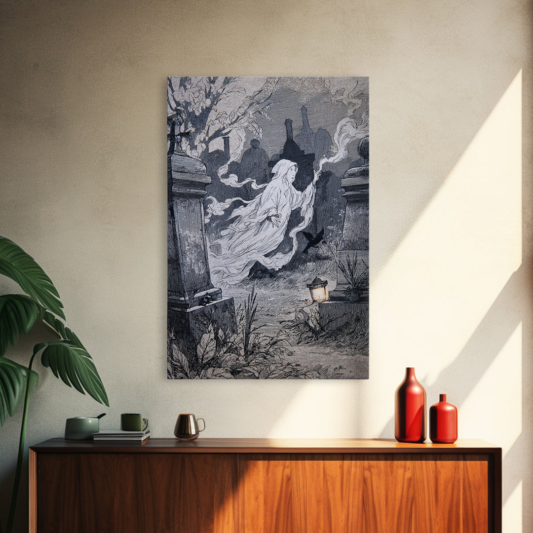 The Graveyard Ghost, Victorian Macabre Art, Vertical Wall Art, Dark Halloween Decor, Canvas Print, Halloween Wall Art