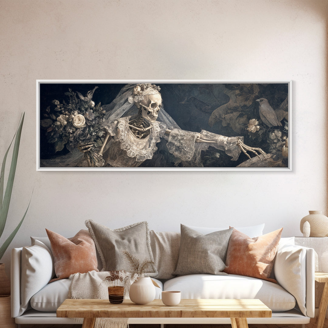 The Skeletal Bride, Medieval Grotesque Art, Extra Wide Wall Art, Dark Fantasy Wall Art, Framed Canvas Print, Halloween Wall Art