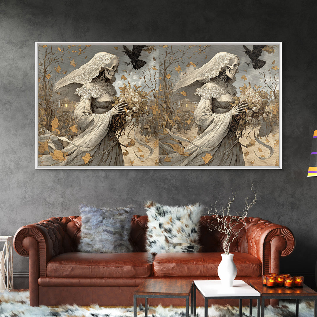 The Skeletal Bride, Northern Renaissance Horror, Wide Panoramic Art, Dark Fantasy Wall Art, Canvas Print, Halloween Wall Art