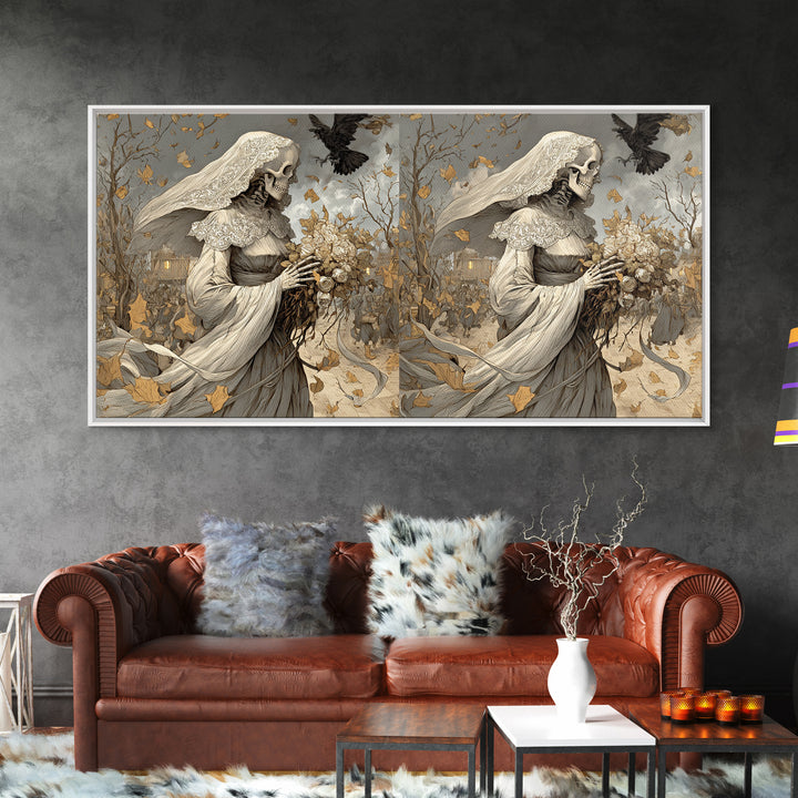 The Skeletal Bride, Northern Renaissance Horror, Wide Panoramic Art, Dark Fantasy Wall Art, Canvas Print, Halloween Wall Art
